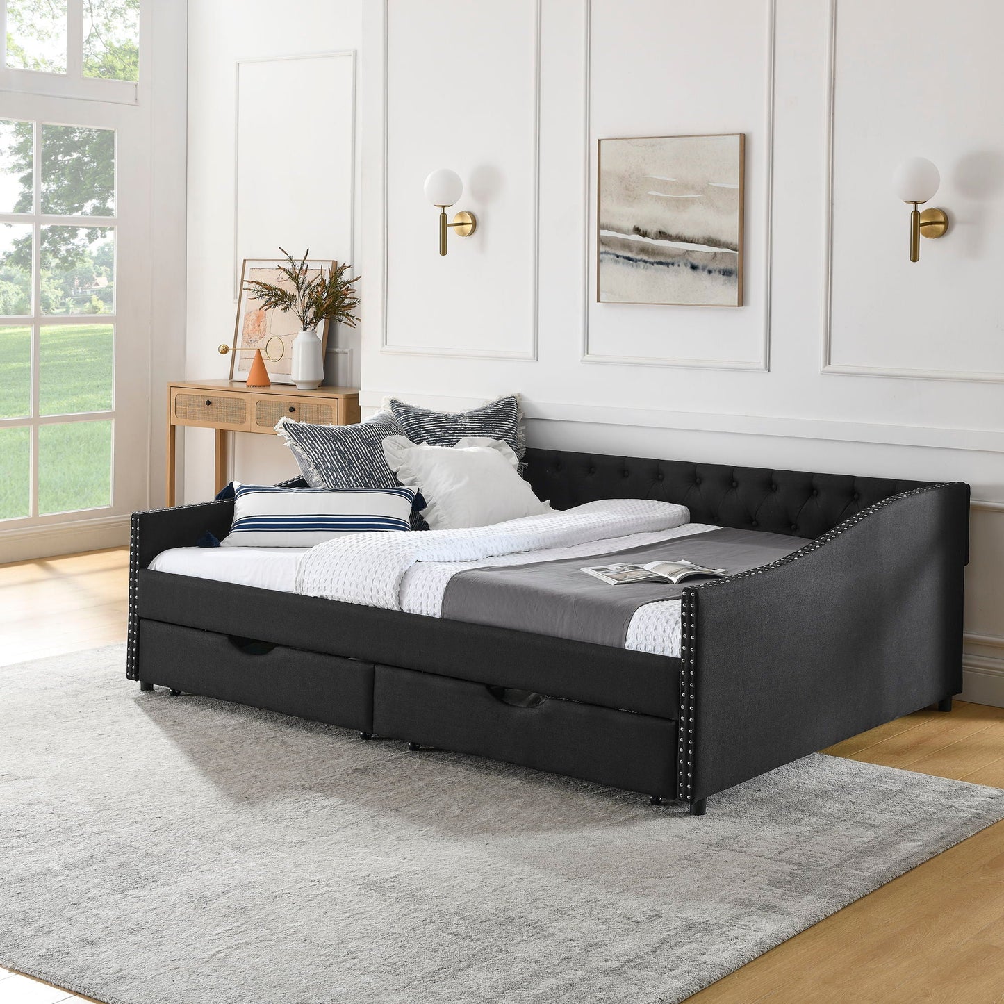 Upholstered Tufted Daybed with Storage Drawers