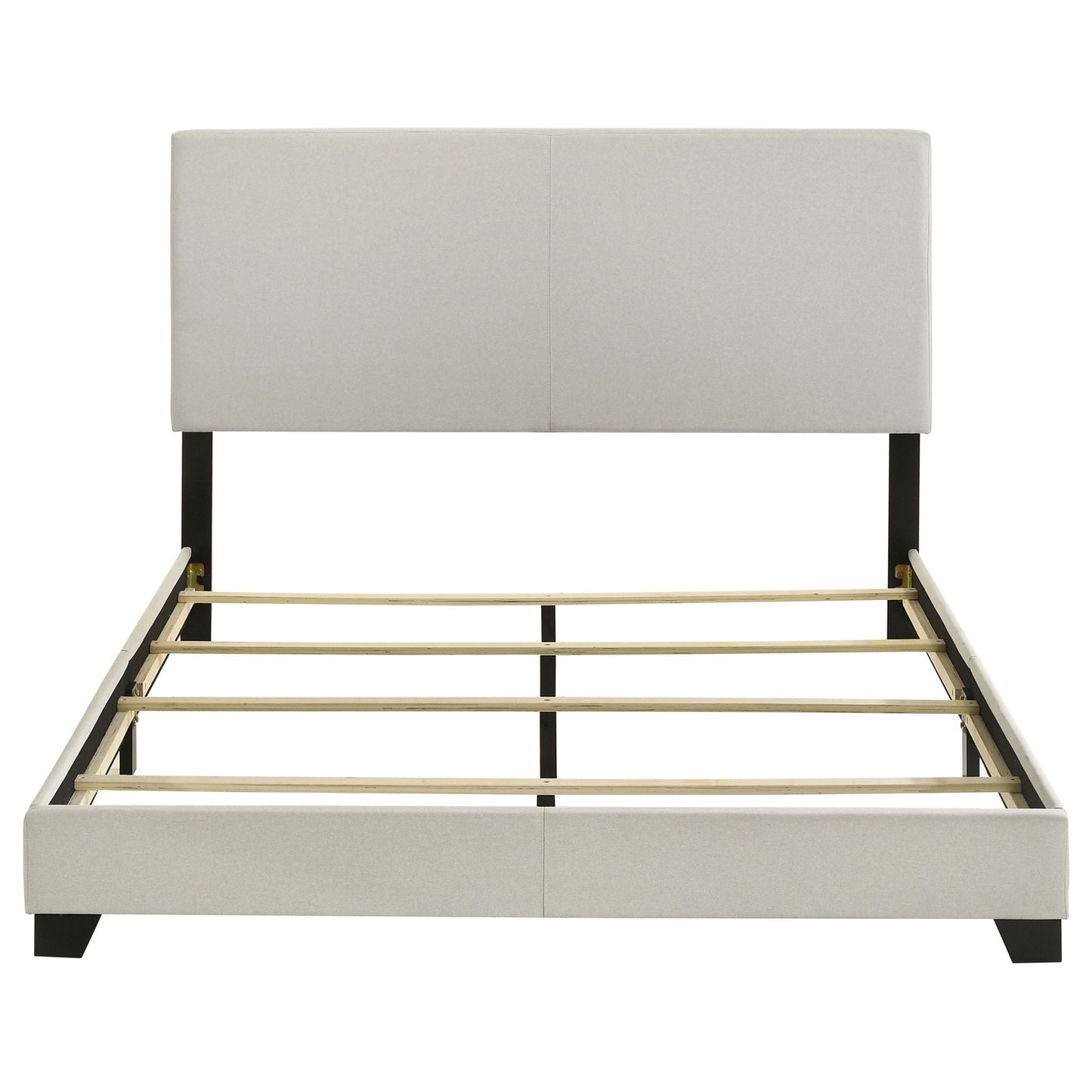 Efram Panel Bed light gray upholstered headboard with black legs and slatted foundation on Tampa Home & Garden Store