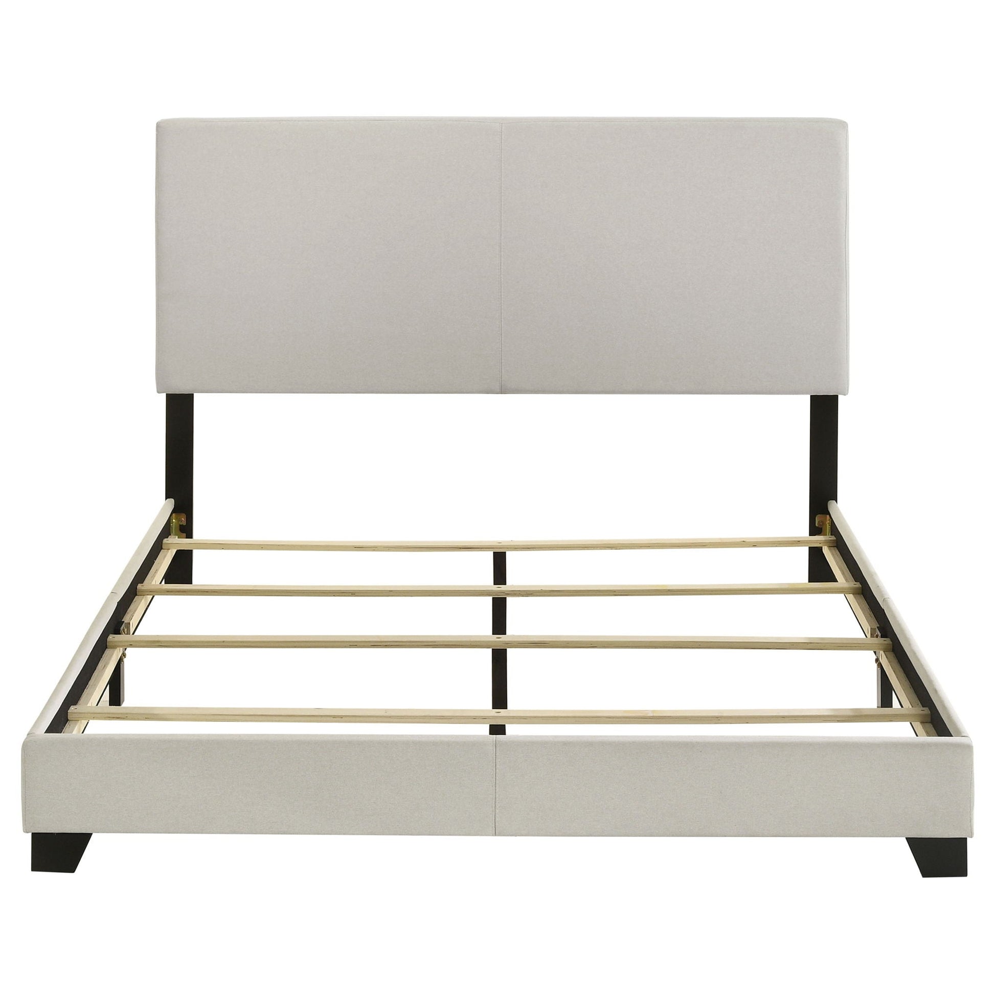 Efram Panel Bed light gray upholstered headboard with black legs and slatted foundation on Tampa Home & Garden Store