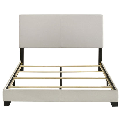 Efram Panel Bed light gray upholstered headboard with black legs and slatted foundation on Tampa Home & Garden Store