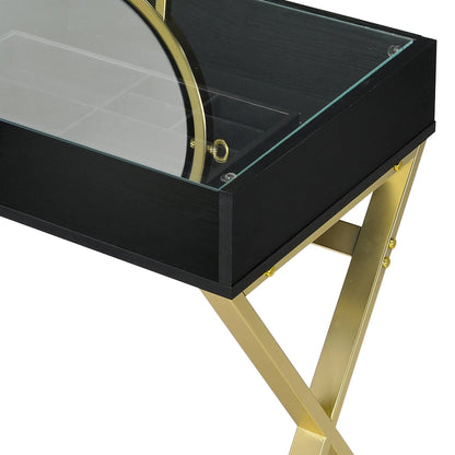 Black & Gold Finish Vanity Desk with glass top and gold X-legs, HouseOfZazla vanity on Tampa Home & Garden Store