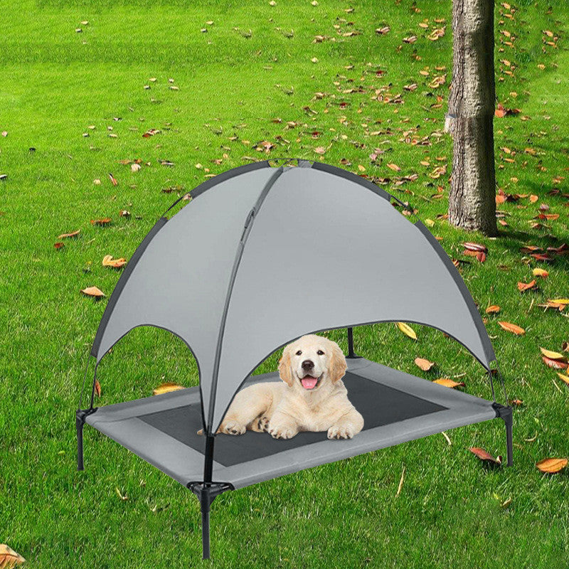 Pet loft bed tent with gray sunshade canopy, dog relaxing on platform bed in green yard on Tampa Home & Garden Store