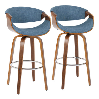 Pair of blue Mid-Century Modern swivel barstools with walnut curved frames and chrome foot rings on Tampa Home & Garden Store