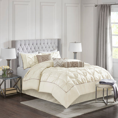 7 Piece Tufted Comforter Set in Ivory for King