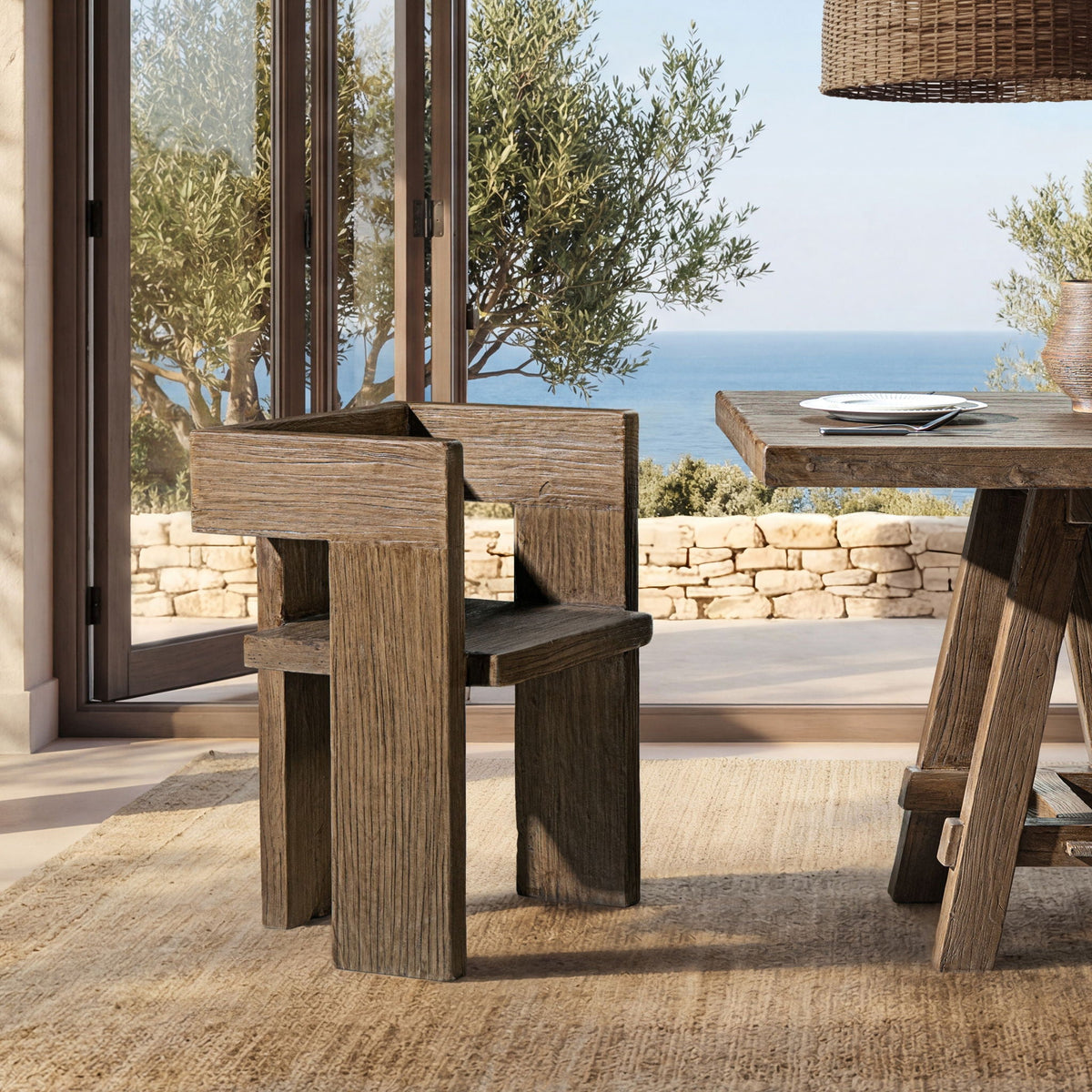 HouseOfZazla Sculptural Block Accent Chair in brown reclaimed elm outdoor armchair on Tampa Home & Garden Store
