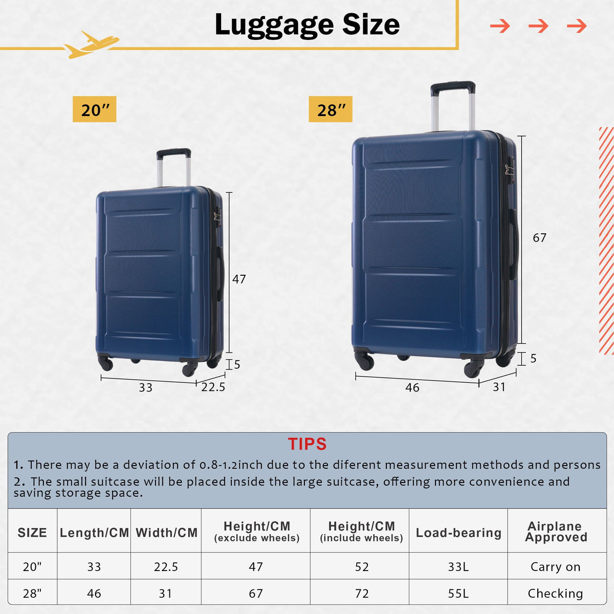 HouseOfZazla 2-piece blue ABS hard-shell luggage set with spinner wheels and TSA lock, 20in and 28in on Tampa Home & Garden Store