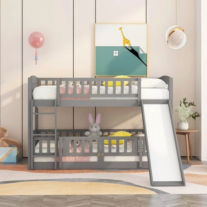 Low Bunk Bed With Slide Fence and Ladder