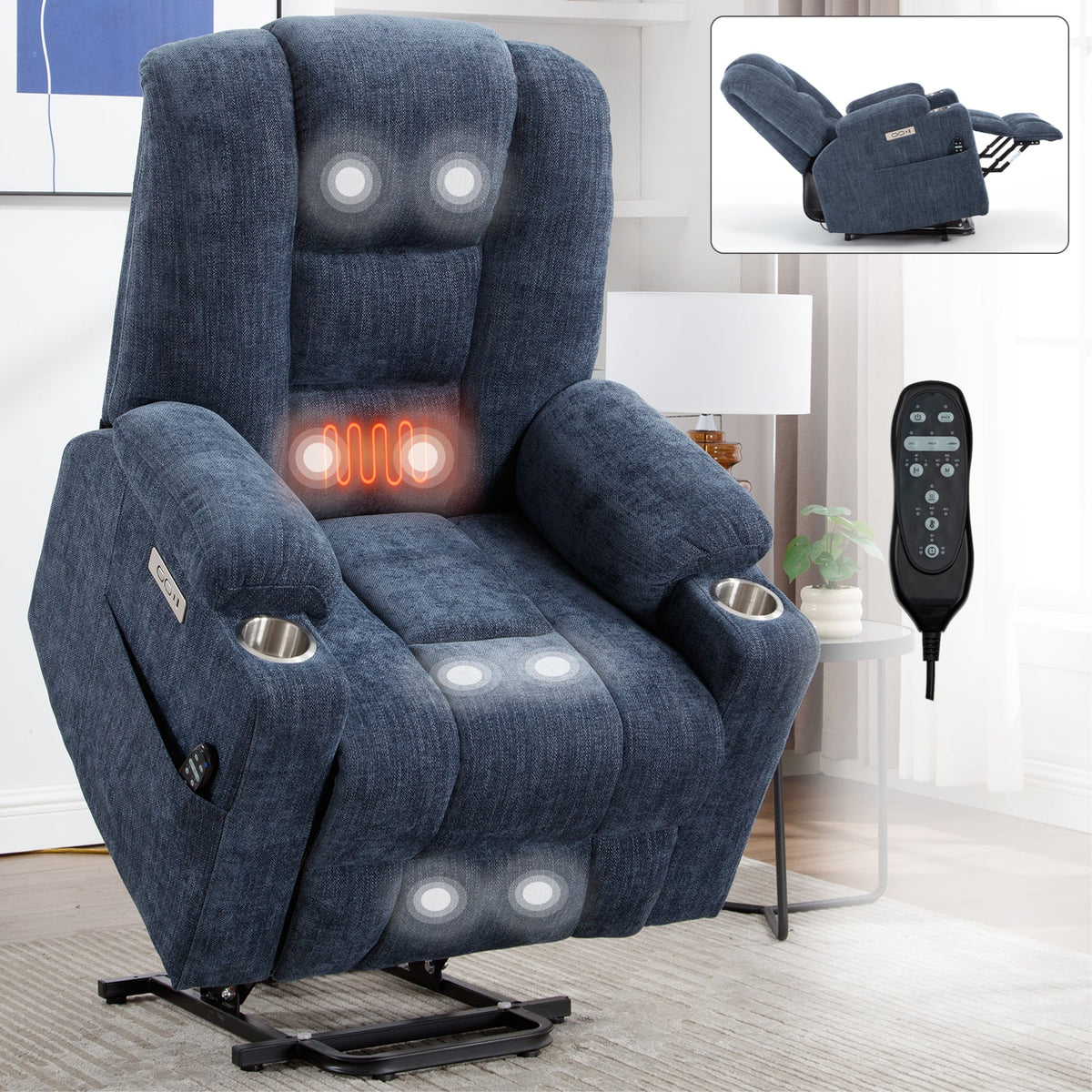Power Lift Recliner Chair with Massage and Heat in blue by HouseOfZazla with remote on Tampa Home & Garden Store
