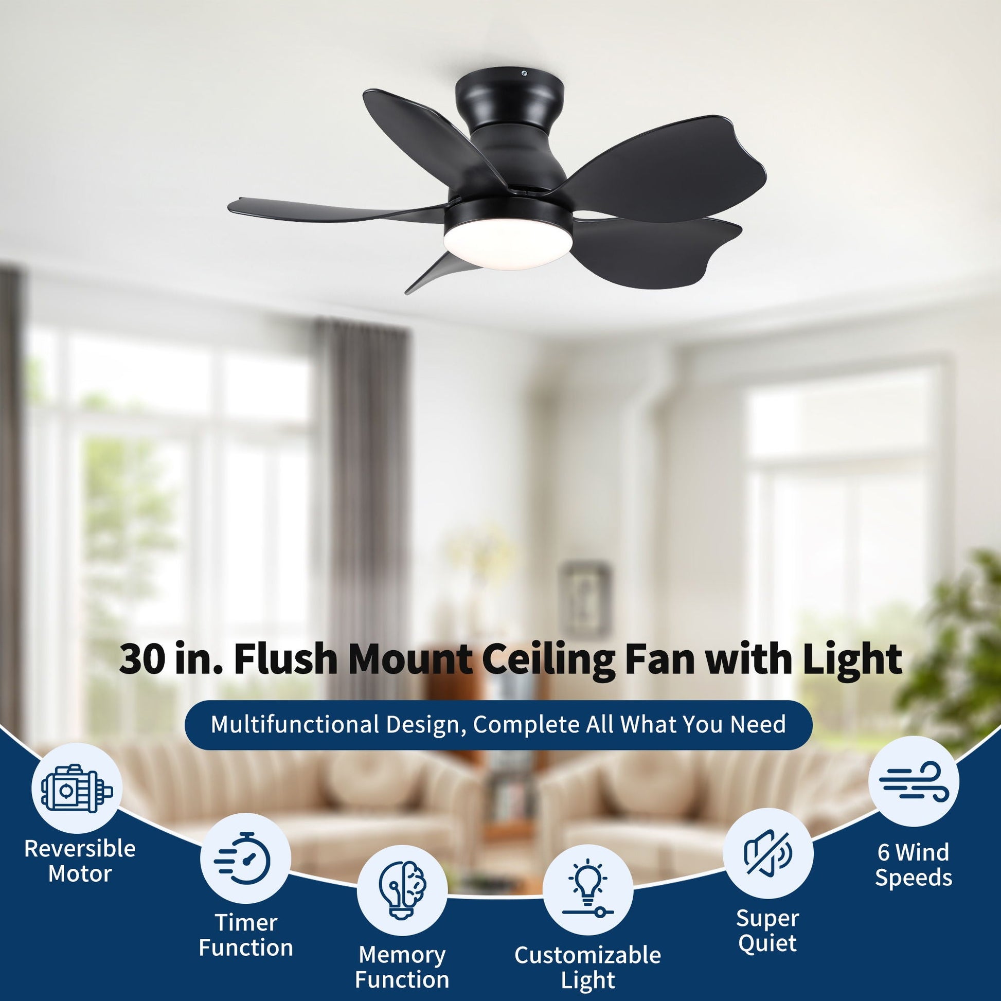 Low Profile Flush Mount Ceiling Fan with Light by HouseOfZazla in black with five blades on Tampa Home & Garden Store