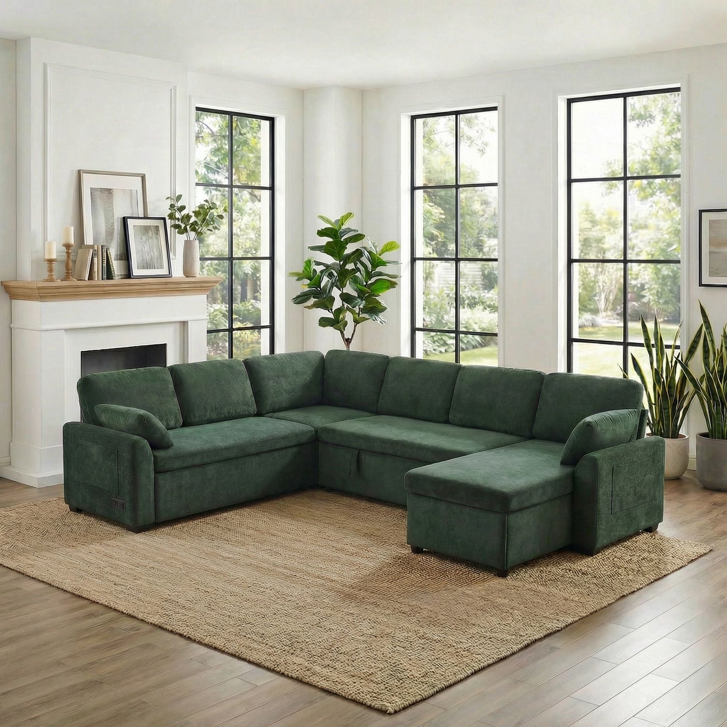 Green fabric Convertible U-Shaped Sectional Sofa Bed with reversible chaise in living room on Tampa Home & Garden Store