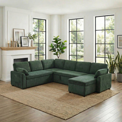 Green fabric Convertible U-Shaped Sectional Sofa Bed with reversible chaise in living room on Tampa Home & Garden Store