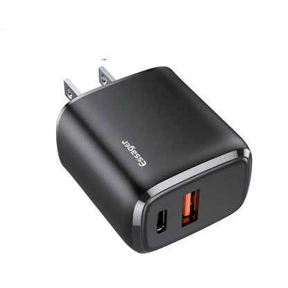 Mobile Phone Charger Fast Charge Adapter black wall charger with USB-C and orange USB-A port on Tampa Home & Garden Store