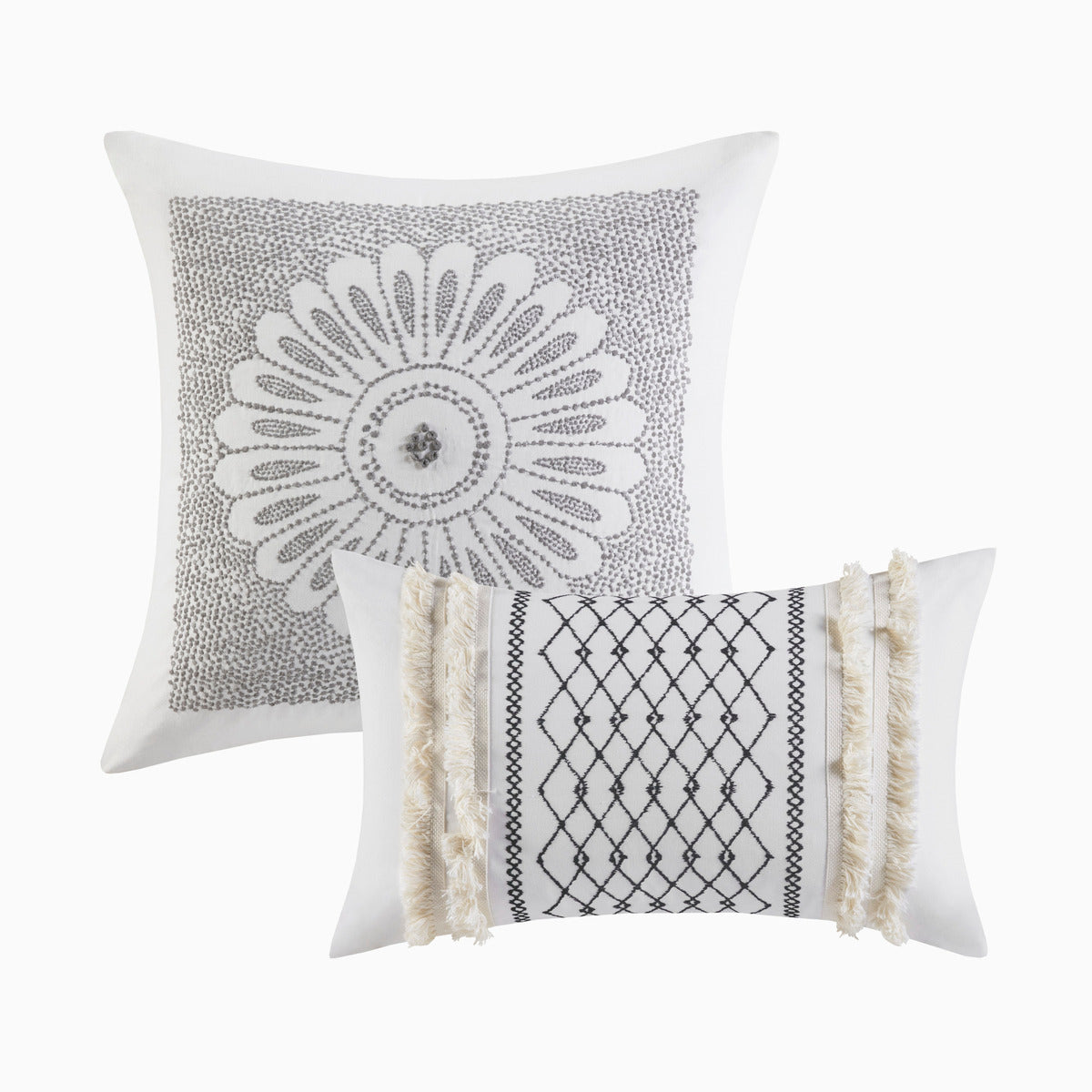 Duvet cover set by HouseOfZazla in white cotton with aztec gray print; two decorative pillows on Tampa Home & Garden Store