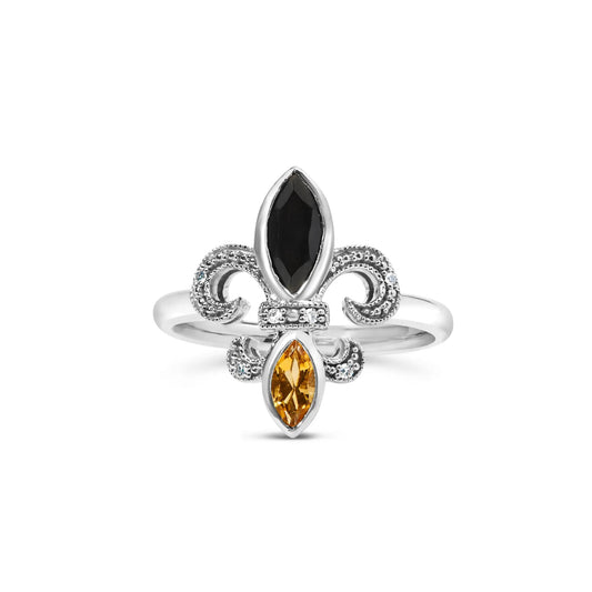 Sterling silver fleur-de-lis ring with black onyx and yellow citrine marquise size7 on Tampa Home & Garden Store