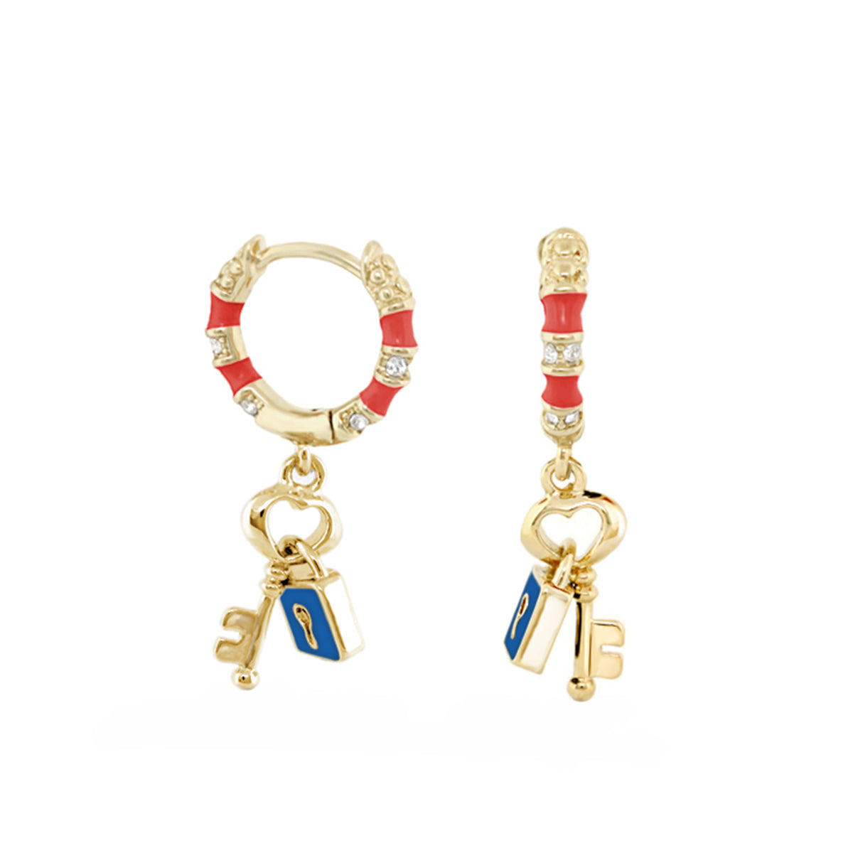 Lock and Key Earrings pair, gold-tone hoops with red enamel and crystals, heart and key charms on Tampa Home & Garden Store