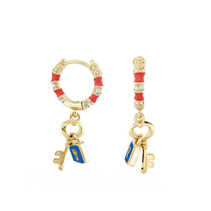 Lock and Key Earrings pair, gold-tone hoops with red enamel and crystals, heart and key charms on Tampa Home & Garden Store