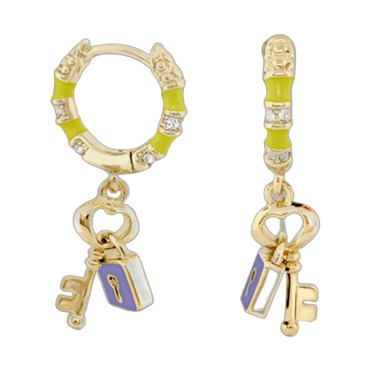 Lock and Key Earrings by Lauren G Adams: goldtone hoops and key with lime enamel, purple accents on Tampa Home & Garden Store