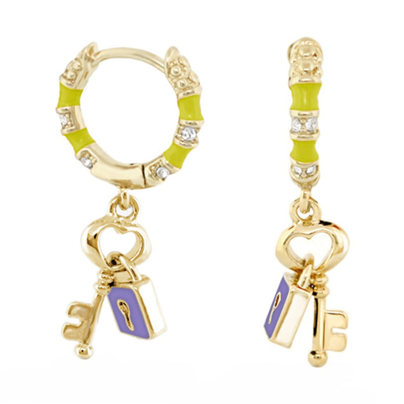 Lock and Key Earrings pair goldtone hoops limegreen accents key padlock Lauren G Adams on Tampa Home & Garden Store