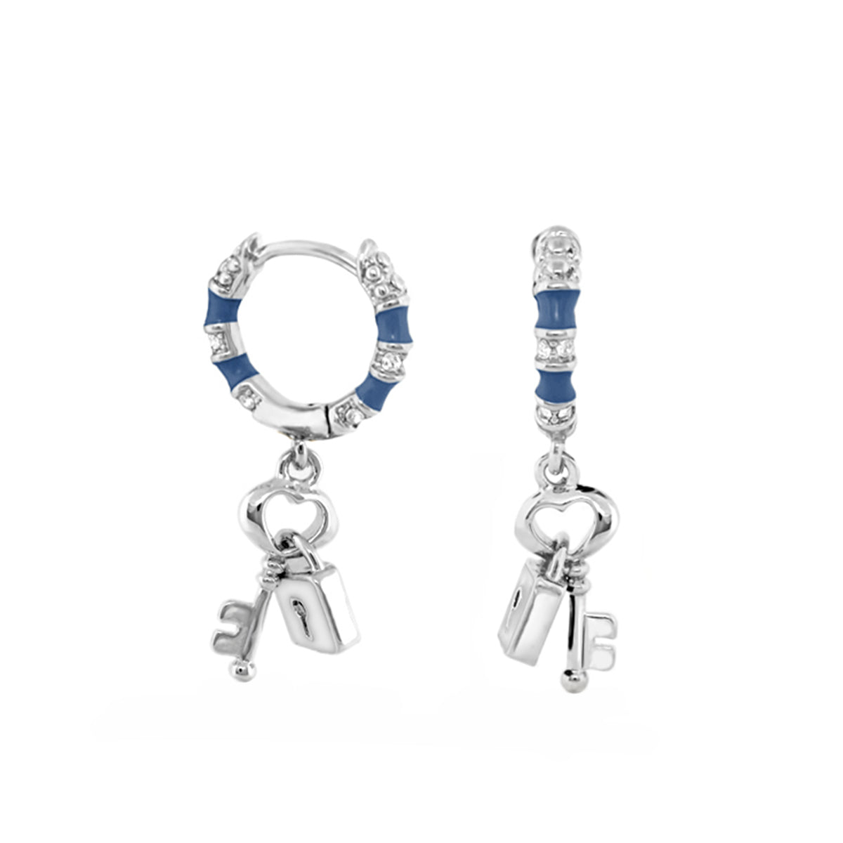 Lock and Key Earrings by Lauren G Adams, blue enamel hoops with dangling key charms on Tampa Home & Garden Store