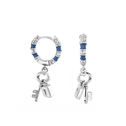 Lock and Key Earrings by Lauren G Adams, blue enamel hoops with dangling key charms on Tampa Home & Garden Store