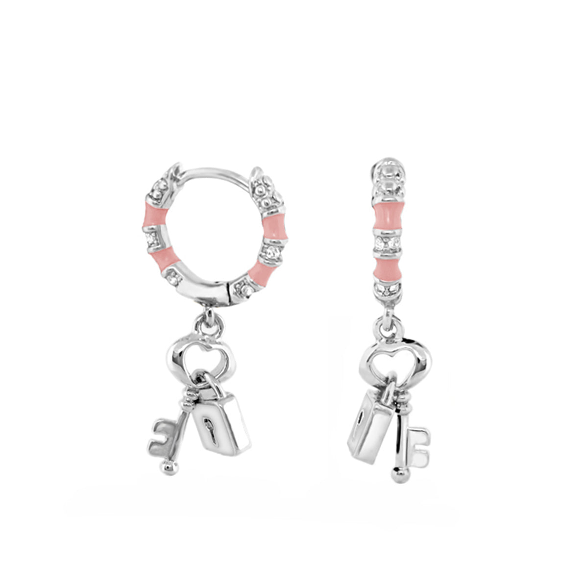 Lock and Key earrings by Lauren G Adams, Girl's Collection, silver hoops with pink enamel on Tampa Home & Garden Store