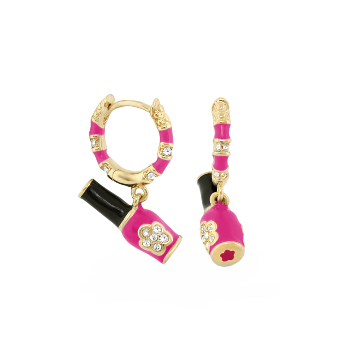 Girls' Huggie earrings by Lauren G Adams, gold-tone hoops with pink enamel and crystal accents, pink lipstick charm on Tampa Home & Garden Store