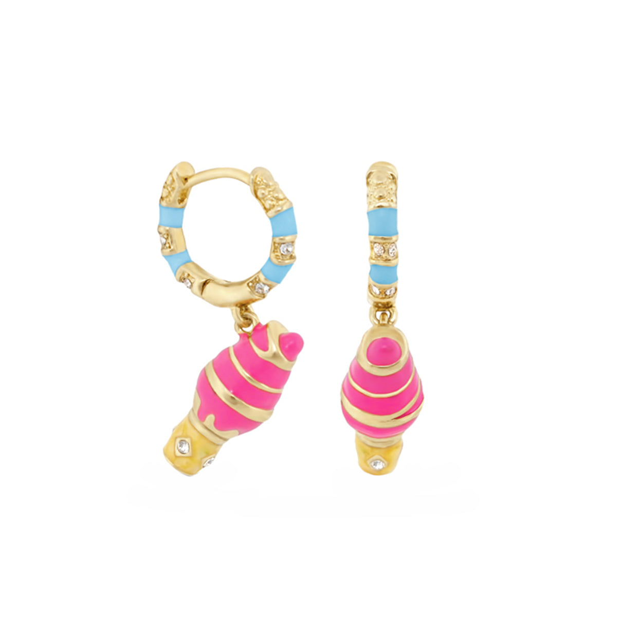 Girls Huggie Ice Cream Cone Earrings gold-tone hoops with blue enamel and pink ice cream cones on Tampa Home & Garden Store