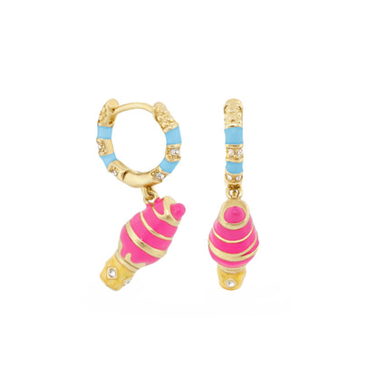 Girls Huggie Ice Cream Cone Earrings gold-tone hoops with blue enamel and pink ice cream cones on Tampa Home & Garden Store