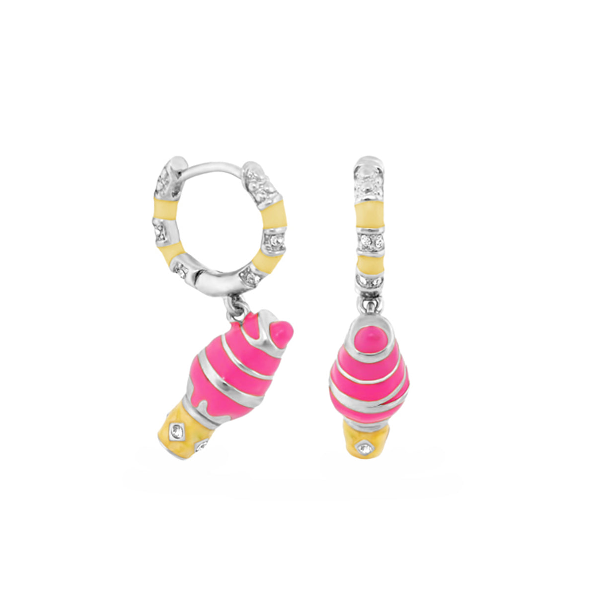 Huggie Ice Cream Cone Earrings pair Lauren G Adams; pink cone charms, yellow bands, silver hoops on Tampa Home & Garden Store