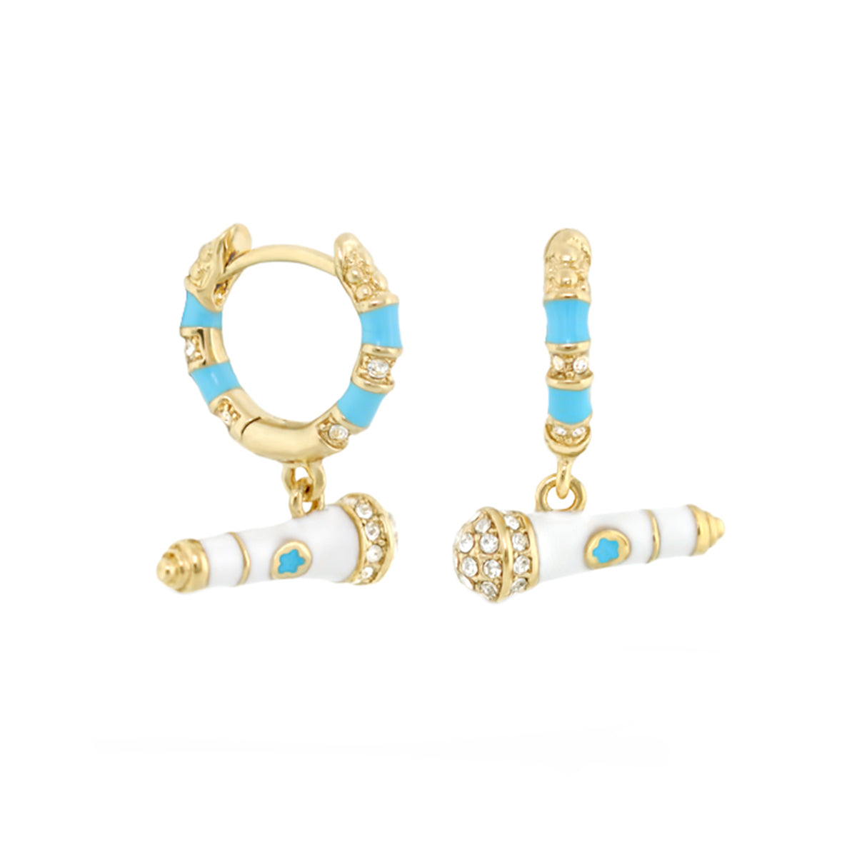 Girl's Earrings with Microphone Charm by Lauren G Adams, gold hoops with turquoise enamel on Tampa Home & Garden Store