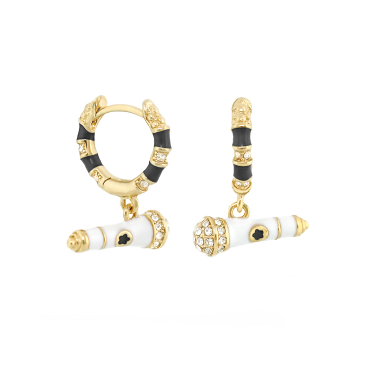 Girl's Earrings With Microphone Charm by Lauren G Adams, gold-tone hoops with black enamel on Tampa Home & Garden Store