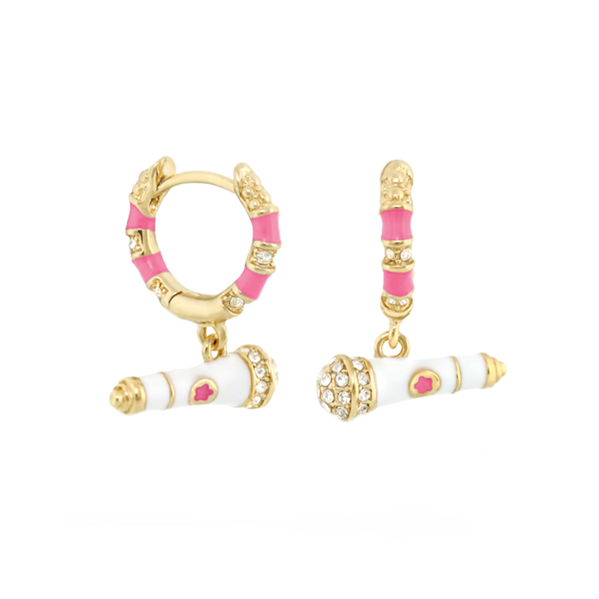 Girl's Earrings With Microphone Charm, 2-pc gold-tone hoops, pink enamel accents on Tampa Home & Garden Store