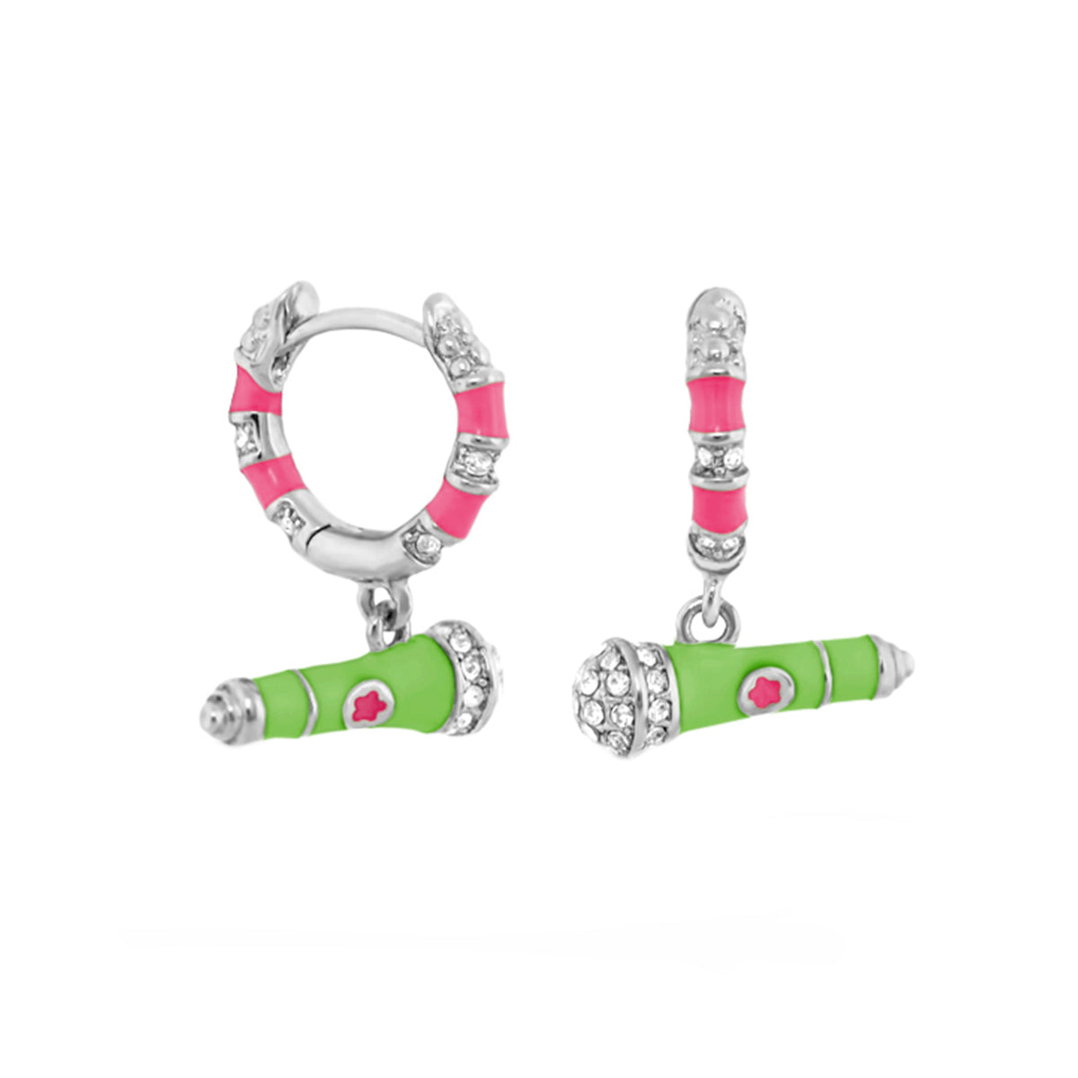 Girl's Earrings with Microphone Charm by Lauren G Adams, neon green mic pendant, pink hoop on Tampa Home & Garden Store