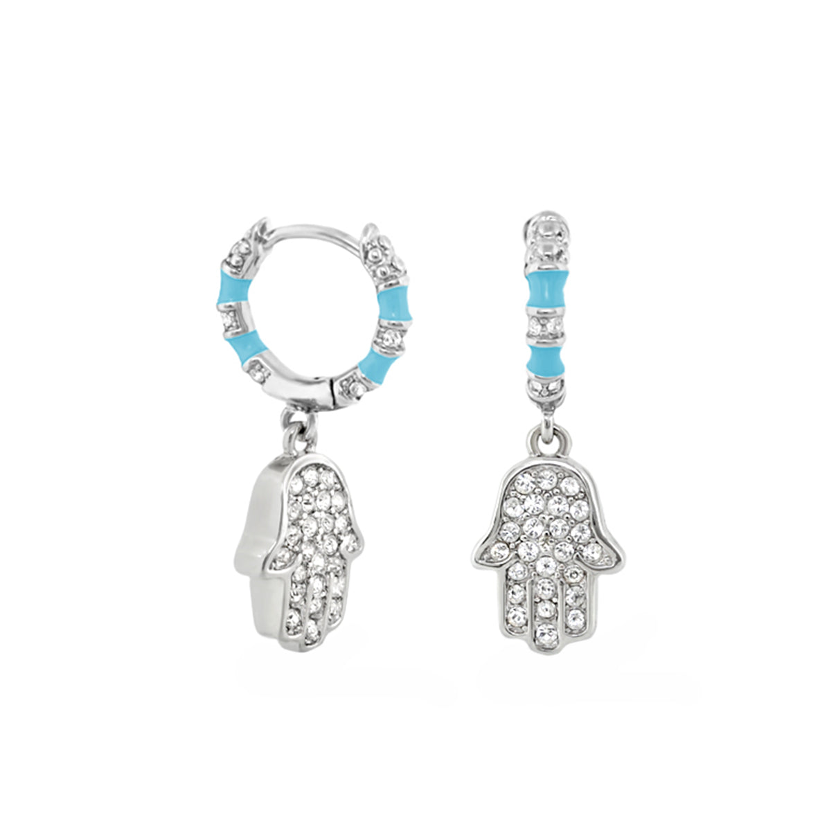 Girl's Hamsa Huggie Earrings silver-tone hoops with turquoise accents and crystal hamsa charms on Tampa Home & Garden Store