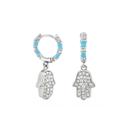 Girl's Hamsa Huggie Earrings silver-tone hoops with turquoise accents and crystal hamsa charms on Tampa Home & Garden Store