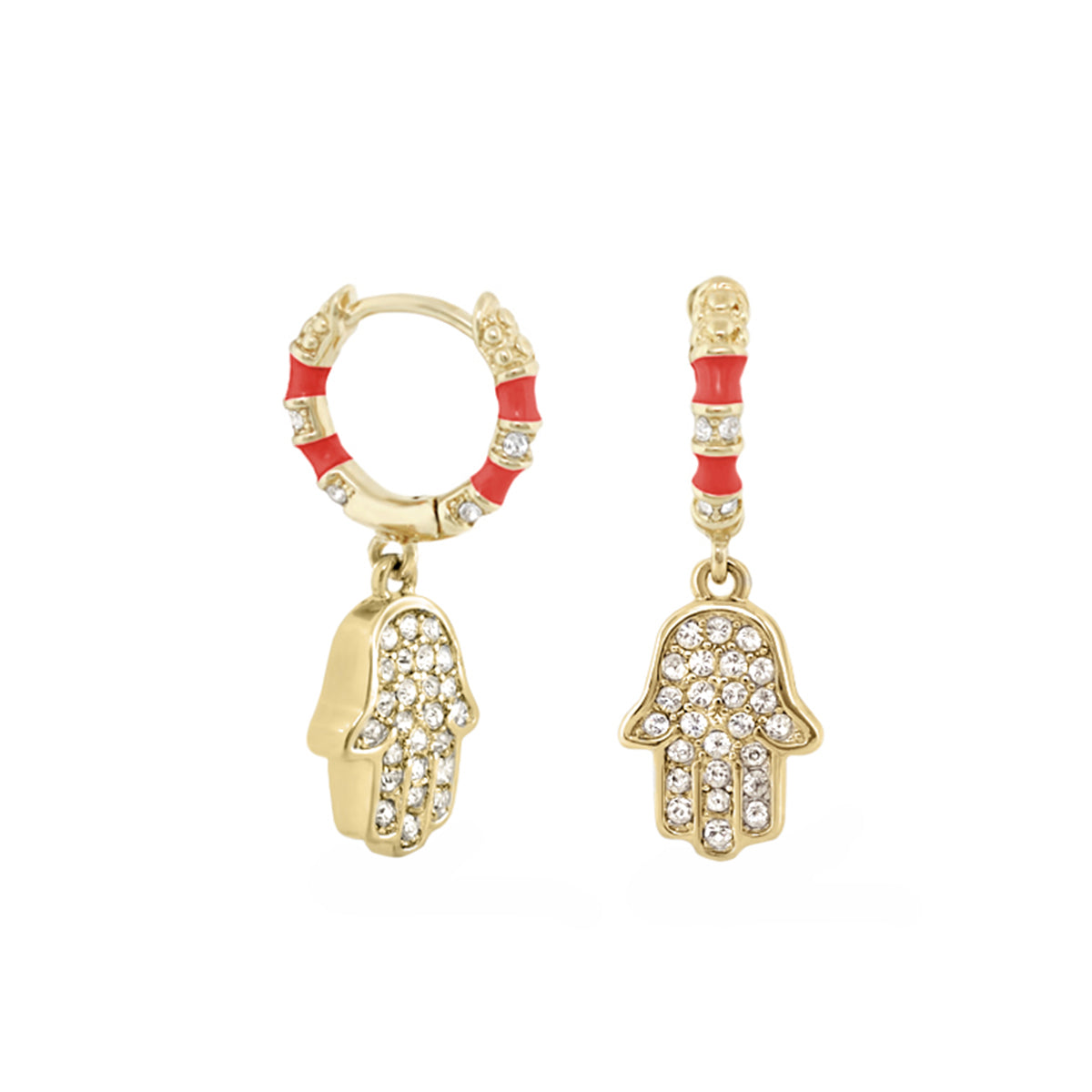 Girl's Hamsa Huggie Earrings; gold-tone hoops, red enamel, crystal accents, 2-piece set on Tampa Home & Garden Store