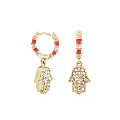 Girl's Hamsa Huggie Earrings; gold-tone hoops, red enamel, crystal accents, 2-piece set on Tampa Home & Garden Store