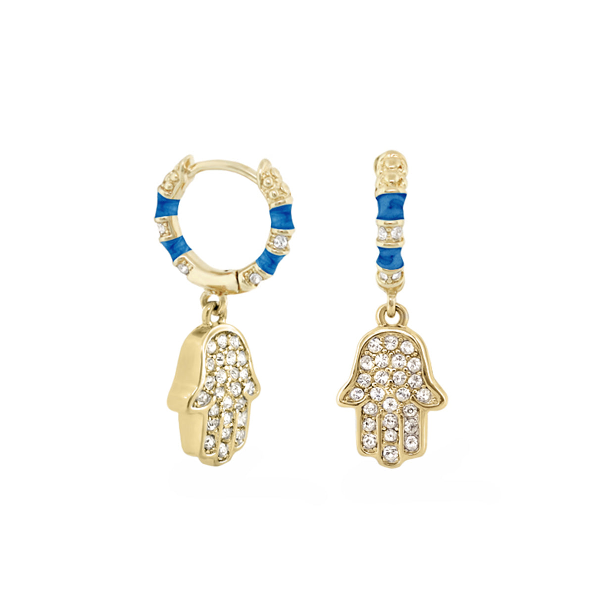 Girl's Hamsa Huggie Earrings pair gold-tone with blue enamel crystals Lauren G Adams on Tampa Home & Garden Store