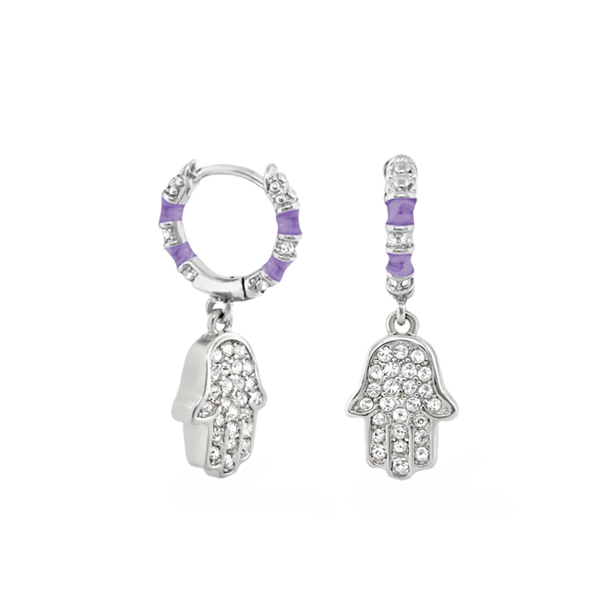 Girl's Hamsa Huggie Earrings, silver-tone hoops with purple enamel and crystal hands, 2-piece on Tampa Home & Garden Store