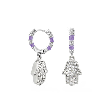 Girl's Hamsa Huggie Earrings, silver-tone hoops with purple enamel and crystal hands, 2-piece on Tampa Home & Garden Store