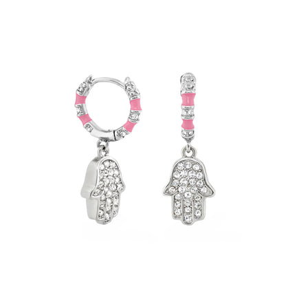 Girl's Hamsa Huggie Earrings pair with pink enamel and crystal accents by Lauren G Adams on Tampa Home & Garden Store
