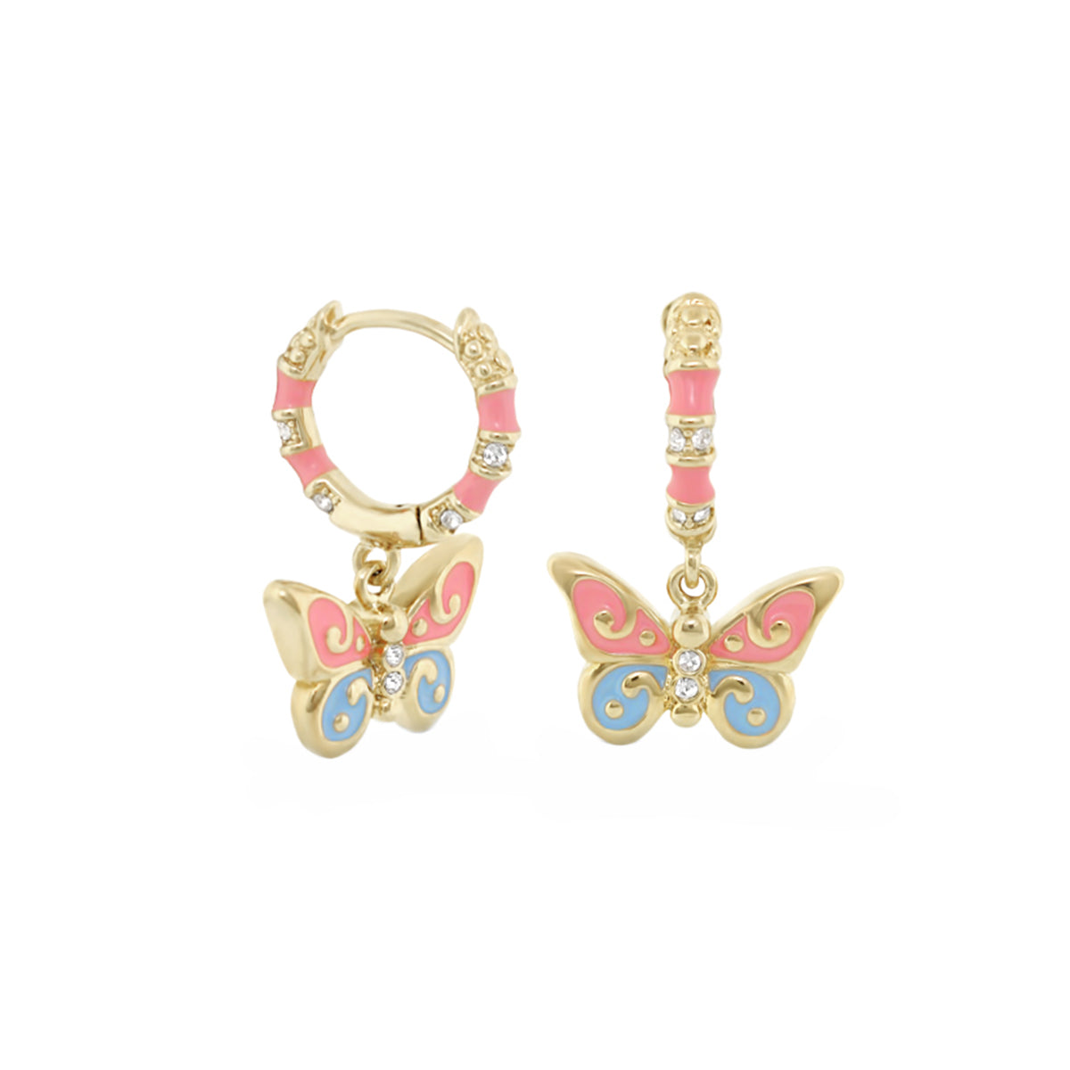 Girls butterfly earrings, 2-piece set in gold-tone with pink enamel and crystals, hoop and bar drops on Tampa Home & Garden Store