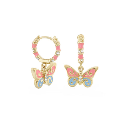 Girls butterfly earrings, 2-piece set in gold-tone with pink enamel and crystals, hoop and bar drops on Tampa Home & Garden Store