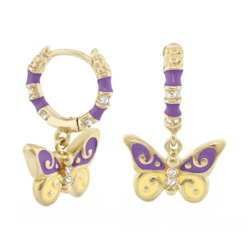 Girls butterfly earrings pair set in gold with purple enamel wings and crystals, Lauren G Adams on Tampa Home & Garden Store