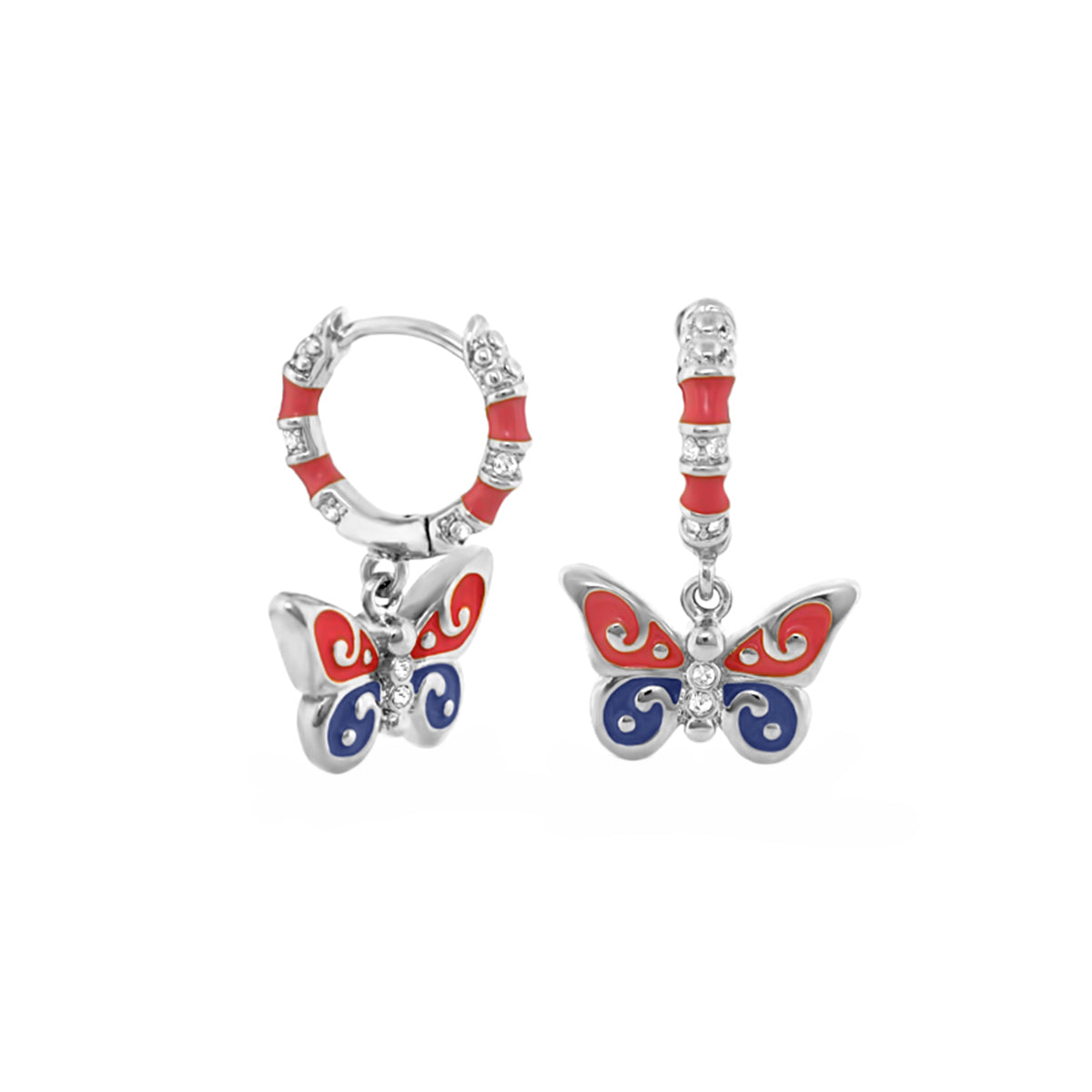 Girls Butterfly Earrings by Lauren G Adams, two red butterfly charms on hoop and drop on Tampa Home & Garden Store