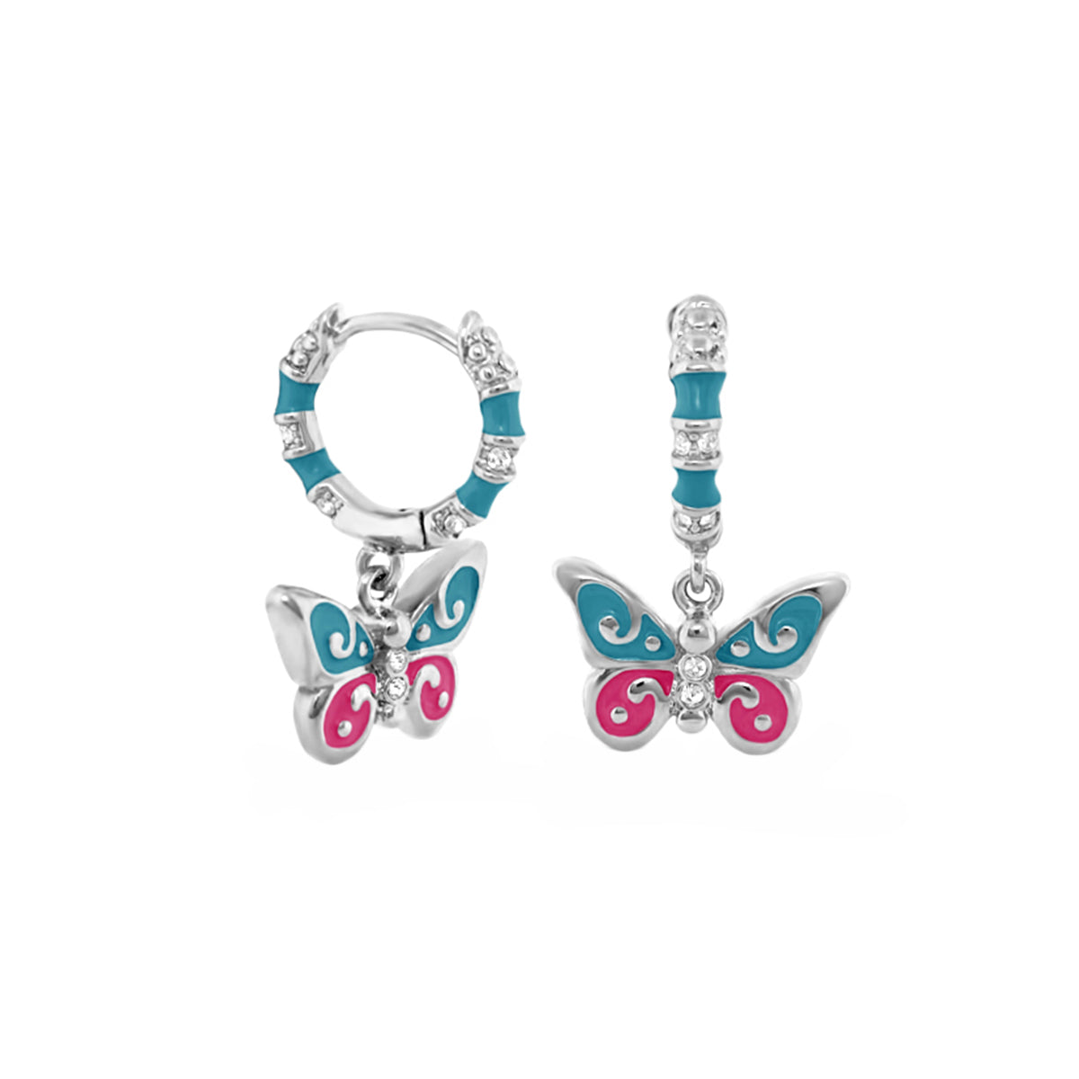 Girls Butterfly Earrings turquoise and pink enamel butterflies on silver hoops and a drop earring on Tampa Home & Garden Store
