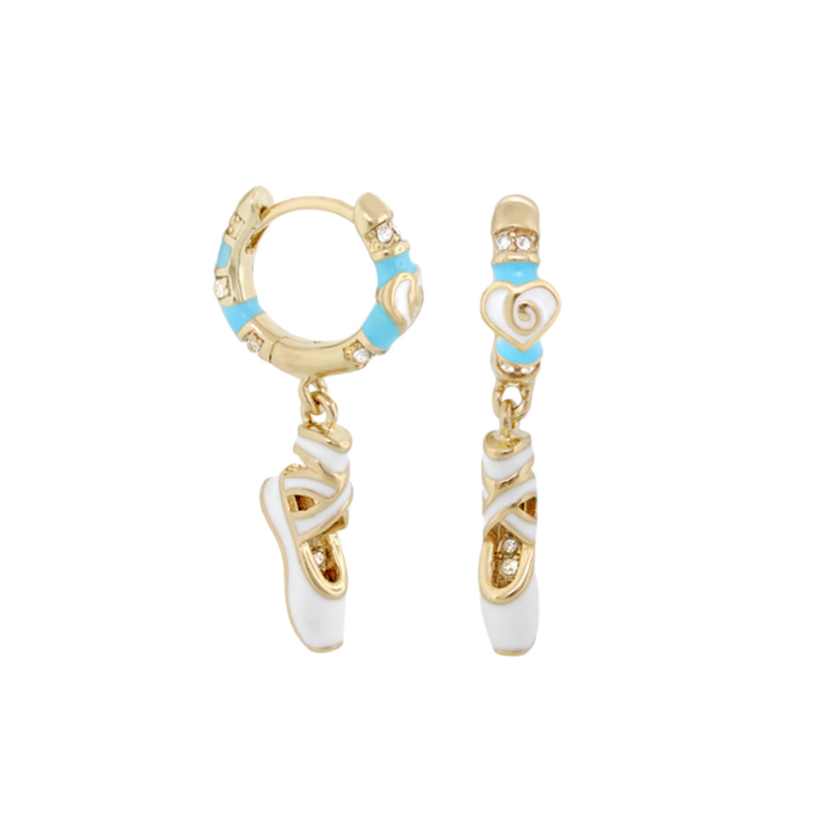 Ballet Child Earrings pair gold-tone hoops with turquoise and white ballet slipper charms on Tampa Home & Garden Store