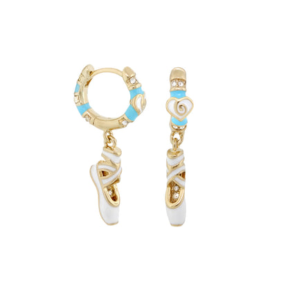 Ballet Child Earrings pair gold-tone hoops with turquoise and white ballet slipper charms on Tampa Home & Garden Store