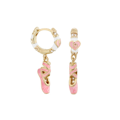 Ballet Child Earrings gold-tone hoops with pink ballet slipper charms and white enamel accents on Tampa Home & Garden Store