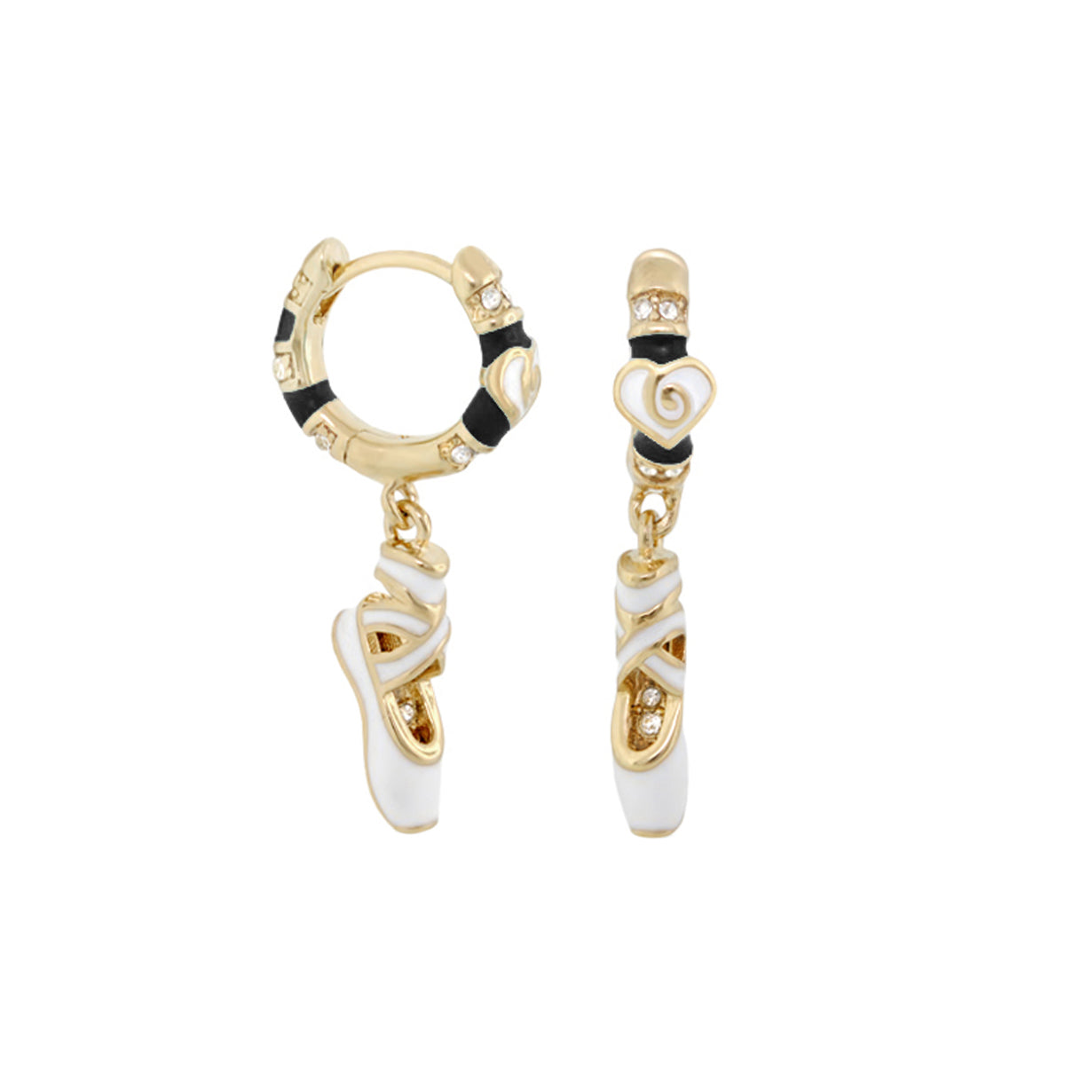 Ballet Child Earrings pair: gold-tone with black enamel, crystal accents; long white enamel ballet slipper drops with a heart charm on Tampa Home & Garden Store